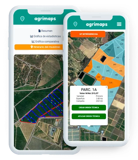 Agrimaps en dos móviles: el itinerario del muestreo sobre una parcela y el estudio de mapas con las parcelas coloreadas por unidades de nitrógeno por hectárea y los botones para crear y aplicar una orden técnica