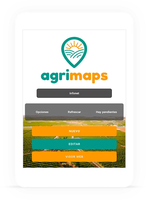 La app de Agrimaps en una tablet: botones Nuevo, Editar y Visor web sobre una foto de las parcelas